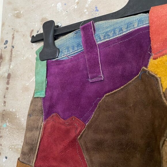 Vintage 70s Suede Patchwork Groovy Jeans Men's 28 - Disco Flare Handmade OOAK - Picture 8 of 15